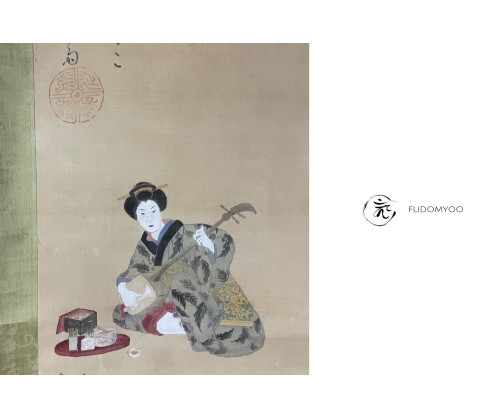 Kakemono Paint Japan Woman Kimono Shamisen Fox Tanuki