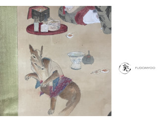 Kakemono Paint Japan Woman Kimono Shamisen Fox Tanuki