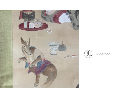 Kakemono Paint Japan Woman Kimono Shamisen Fox Tanuki