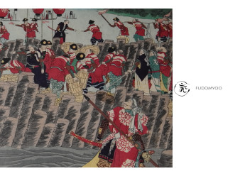 the shogun's army attacking a port city.