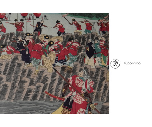 the shogun's army attacking a port city.
