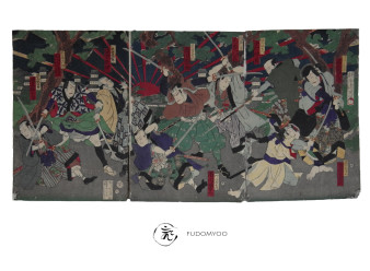 ukiyoe samurai fight kabuki theater Toyohara Kunichika